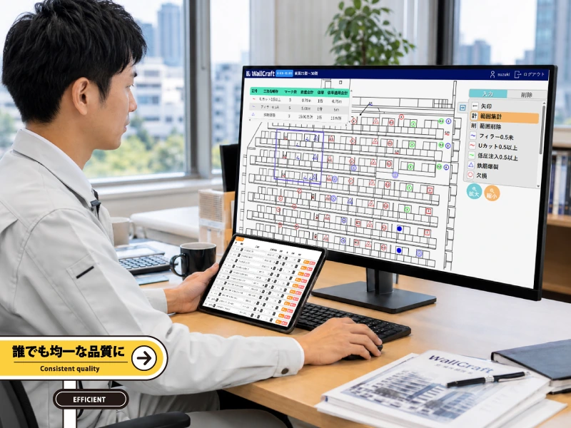 事務所でモニターとタブレットを使いWallCraftで作業品質を標準化する様子